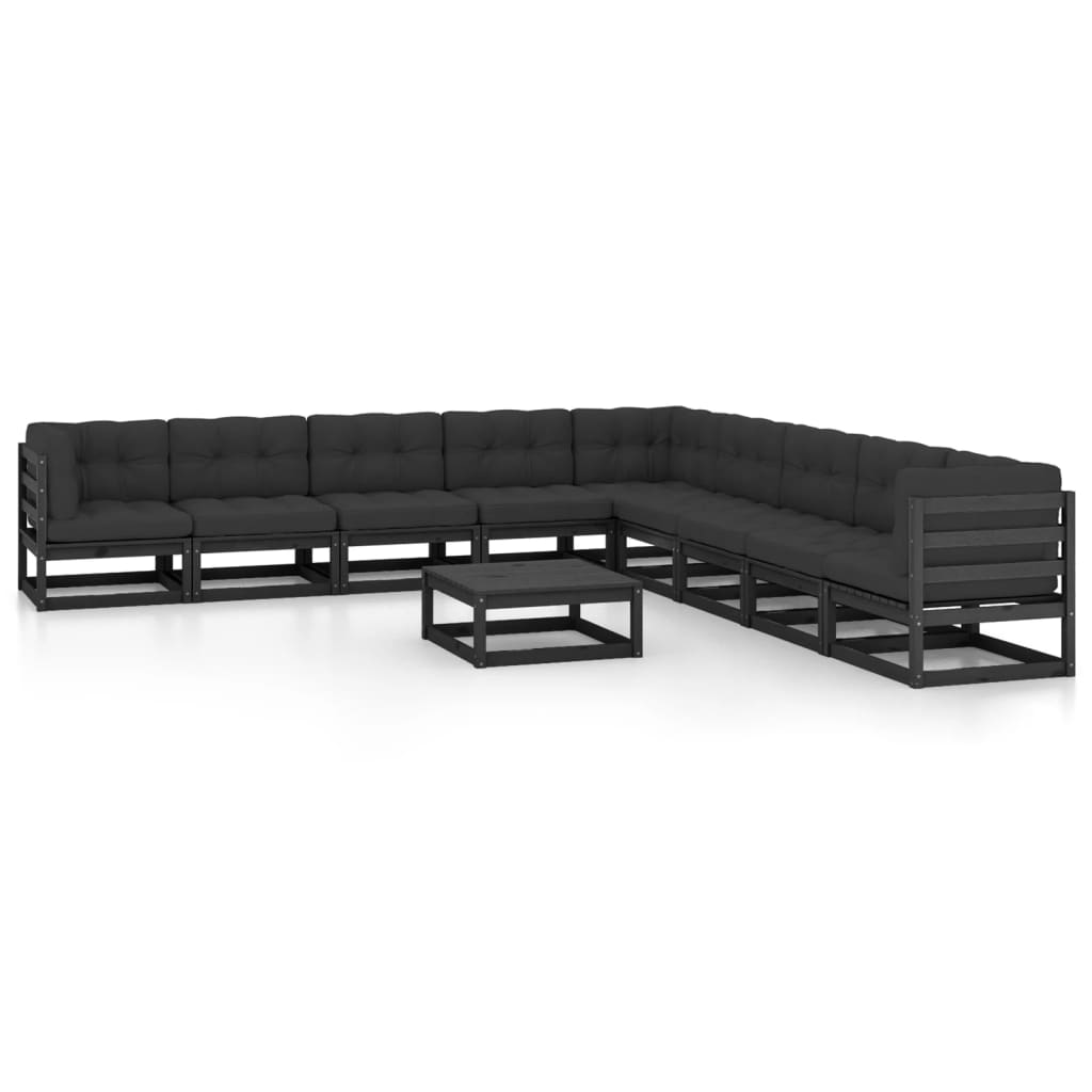 10-tlg. Garten-Lounge-Set mit Kissen Schwarz Kiefer Massivholz